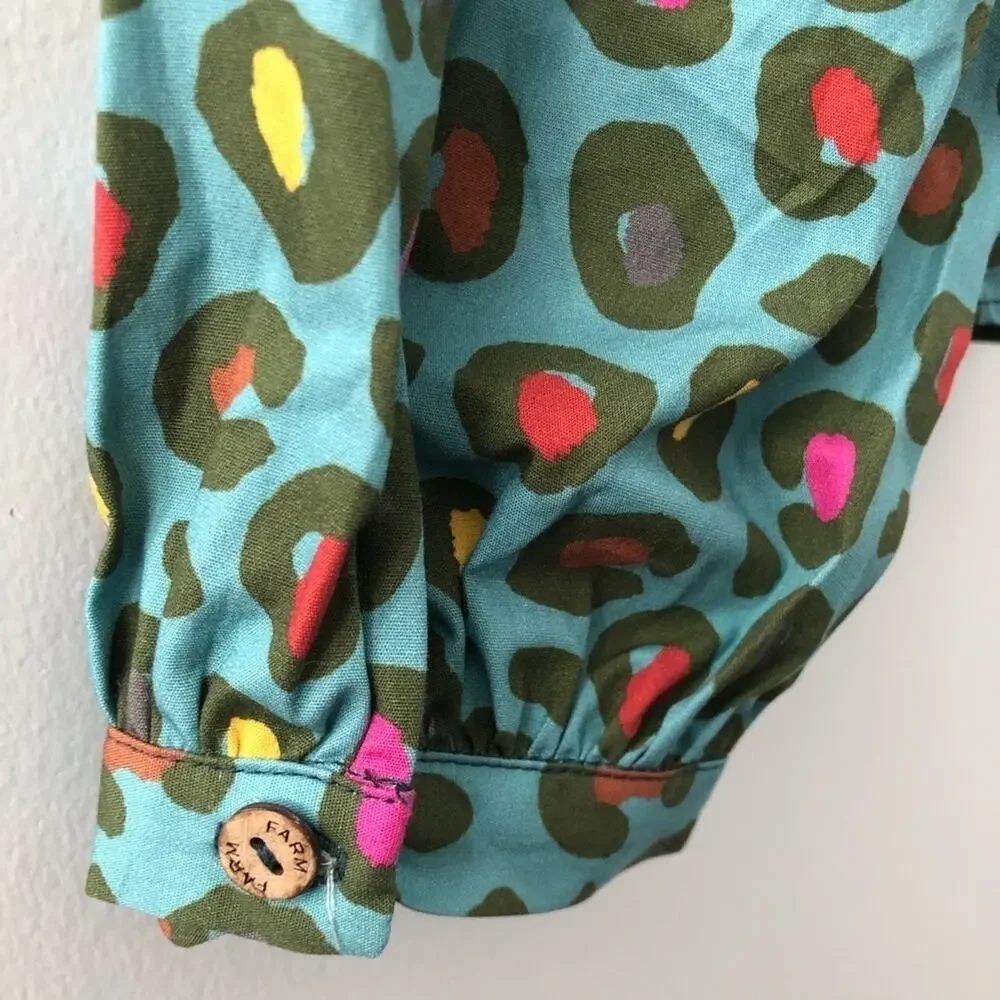 Anthropologie x Farm Rio Hanya Puff Sleeve Blouse Turquoise Colorful Leopard NEW